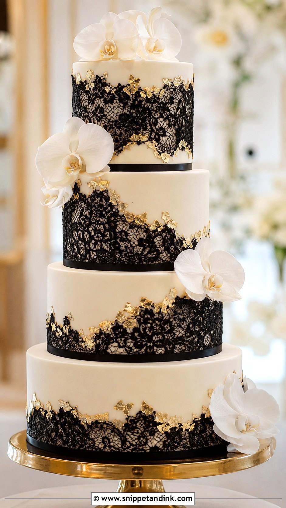 Black Lace Wedding Cake With Gold Accents - Snippet and Ink - 20 Black Lace Wedding Cake Ideas