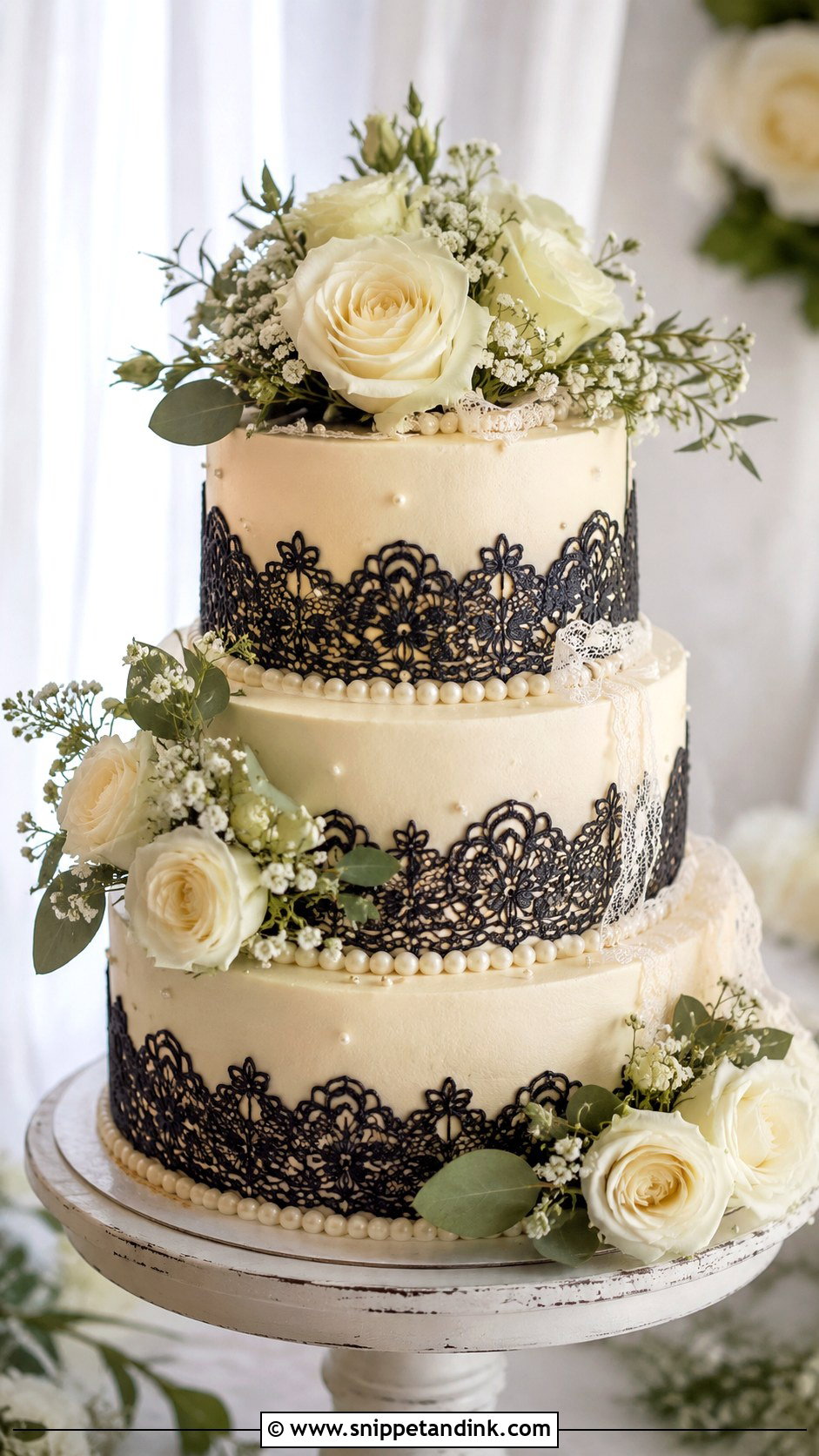 Black Lace Wedding Cake With Ivory Buttercream - Snippet and Ink - 20 Black Lace Wedding Cake Ideas