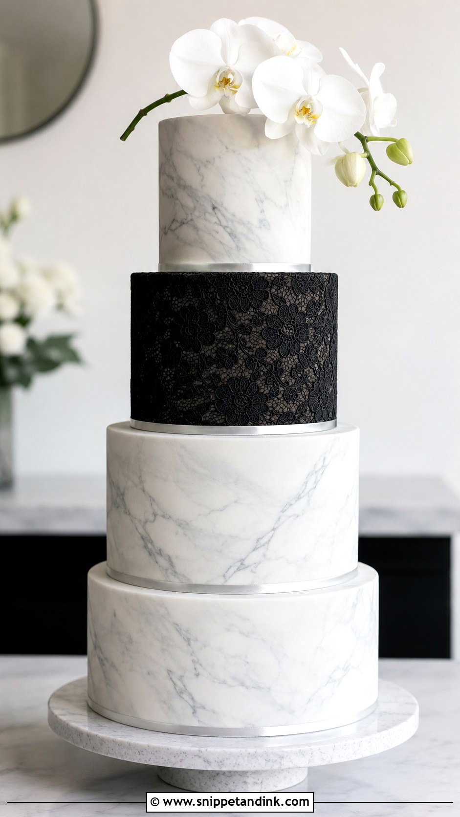 Black Lace Wedding Cake With Marble Fondant - Snippet and Ink - 20 Black Lace Wedding Cake Ideas