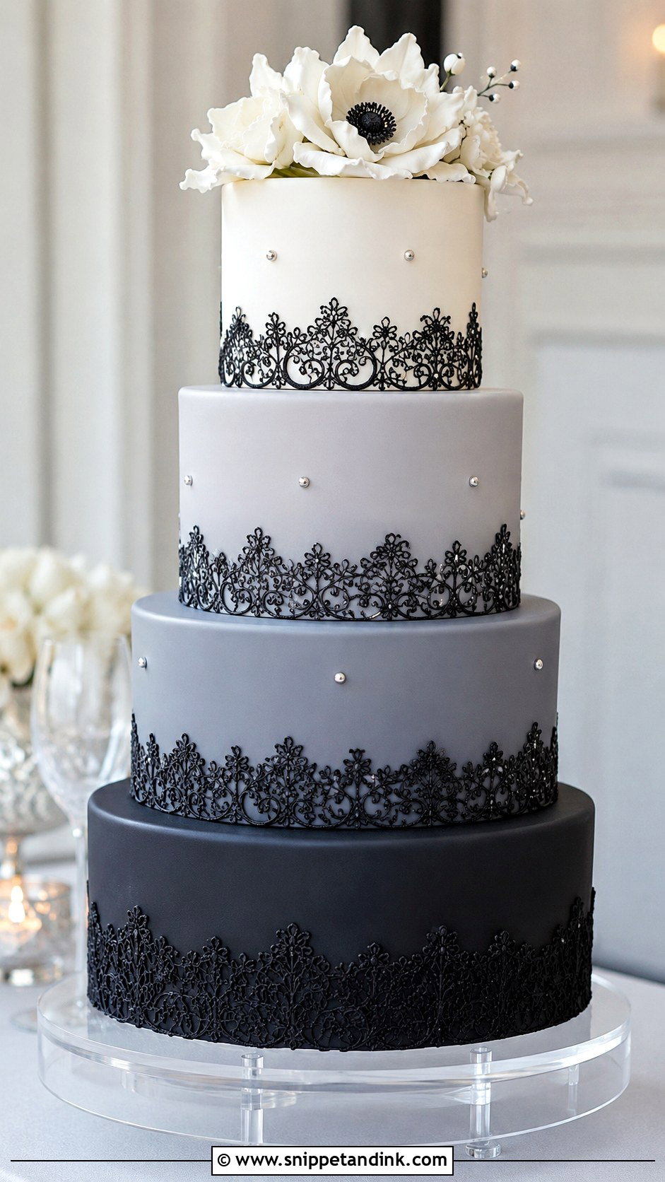 Black Lace Wedding Cake With Ombre Tiers - Snippet and Ink - 20 Black Lace Wedding Cake Ideas
