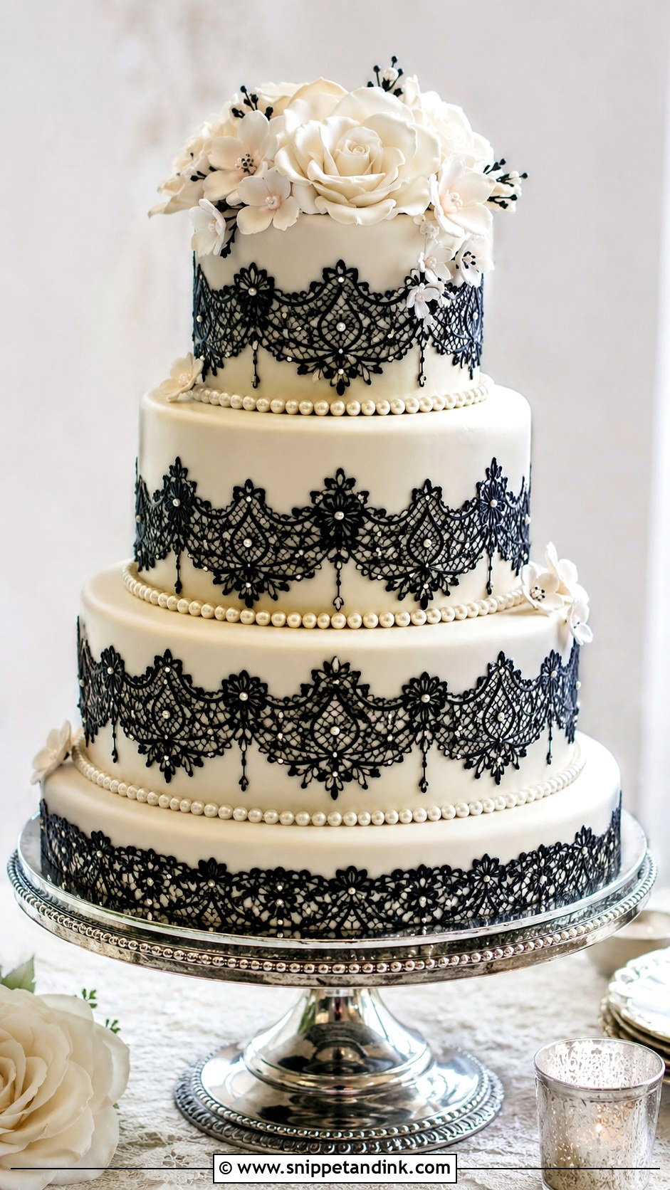 Black Lace Wedding Cake With Pearl Details - Snippet and Ink - 20 Black Lace Wedding Cake Ideas