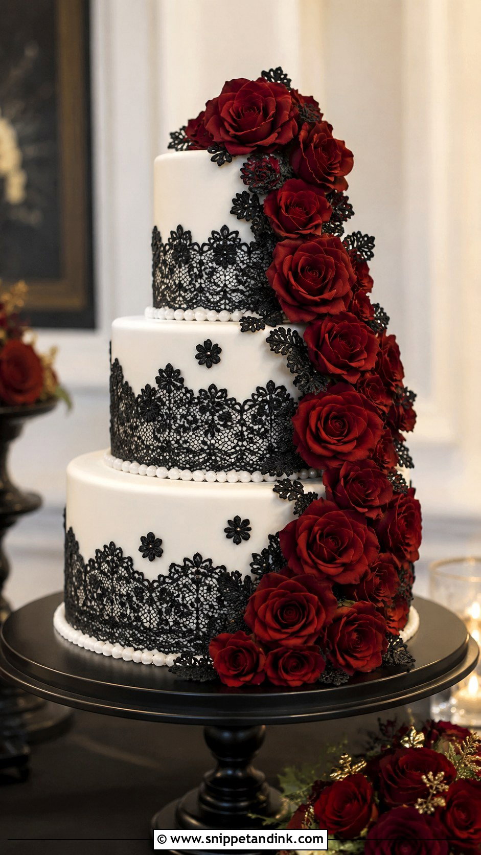 Black Lace Wedding Cake With Red Roses - Snippet and Ink - 20 Black Lace Wedding Cake Ideas