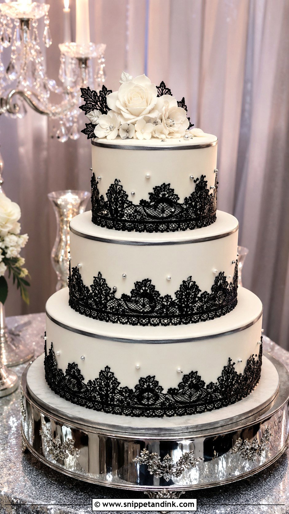 Black Lace Wedding Cake With Silver Details - Snippet and Ink - 20 Black Lace Wedding Cake Ideas