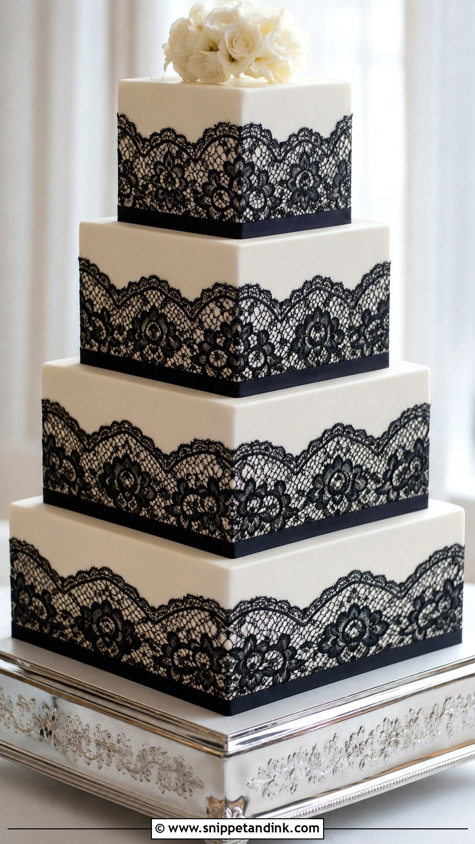 Black Lace Wedding Cake With Square Tiers - Snippet and Ink - 20 Black Lace Wedding Cake Ideas