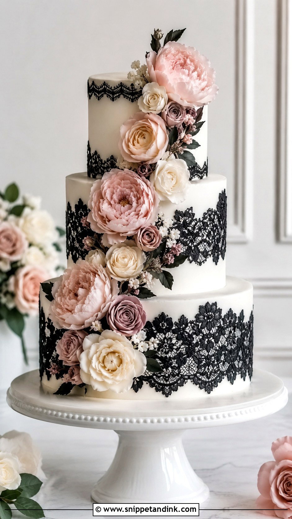 Black Lace Wedding Cake With Sugar Flowers - Snippet and Ink - 20 Black Lace Wedding Cake Ideas