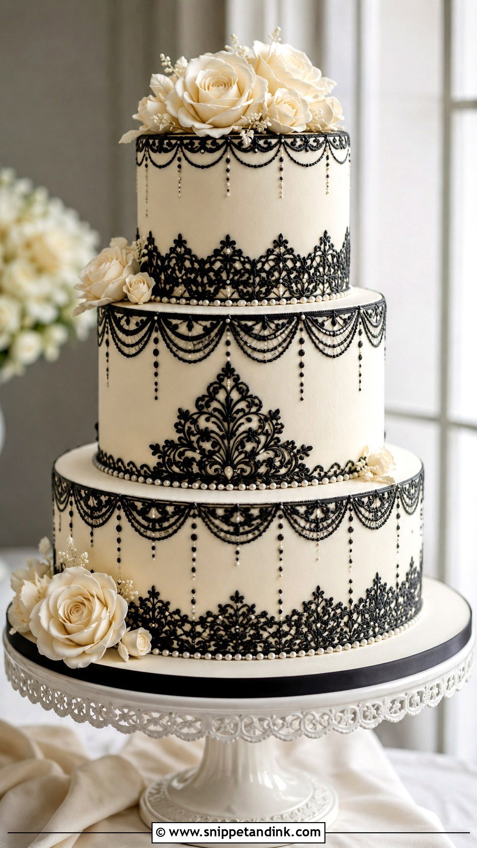 Black Lace Wedding Cake With Vintage Piping - Snippet and Ink - 20 Black Lace Wedding Cake Ideas