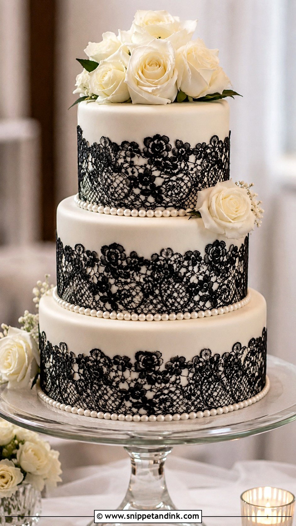 Black Lace Wedding Cake With White Fondant - Snippet and Ink - 20 Black Lace Wedding Cake Ideas
