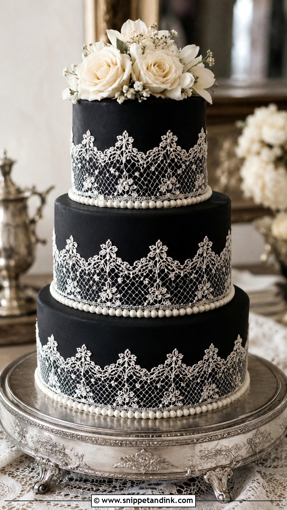 Black Lace Wedding Cake - Snippet and Ink - 20 Black Colour Cake Design Ideas for Wedding