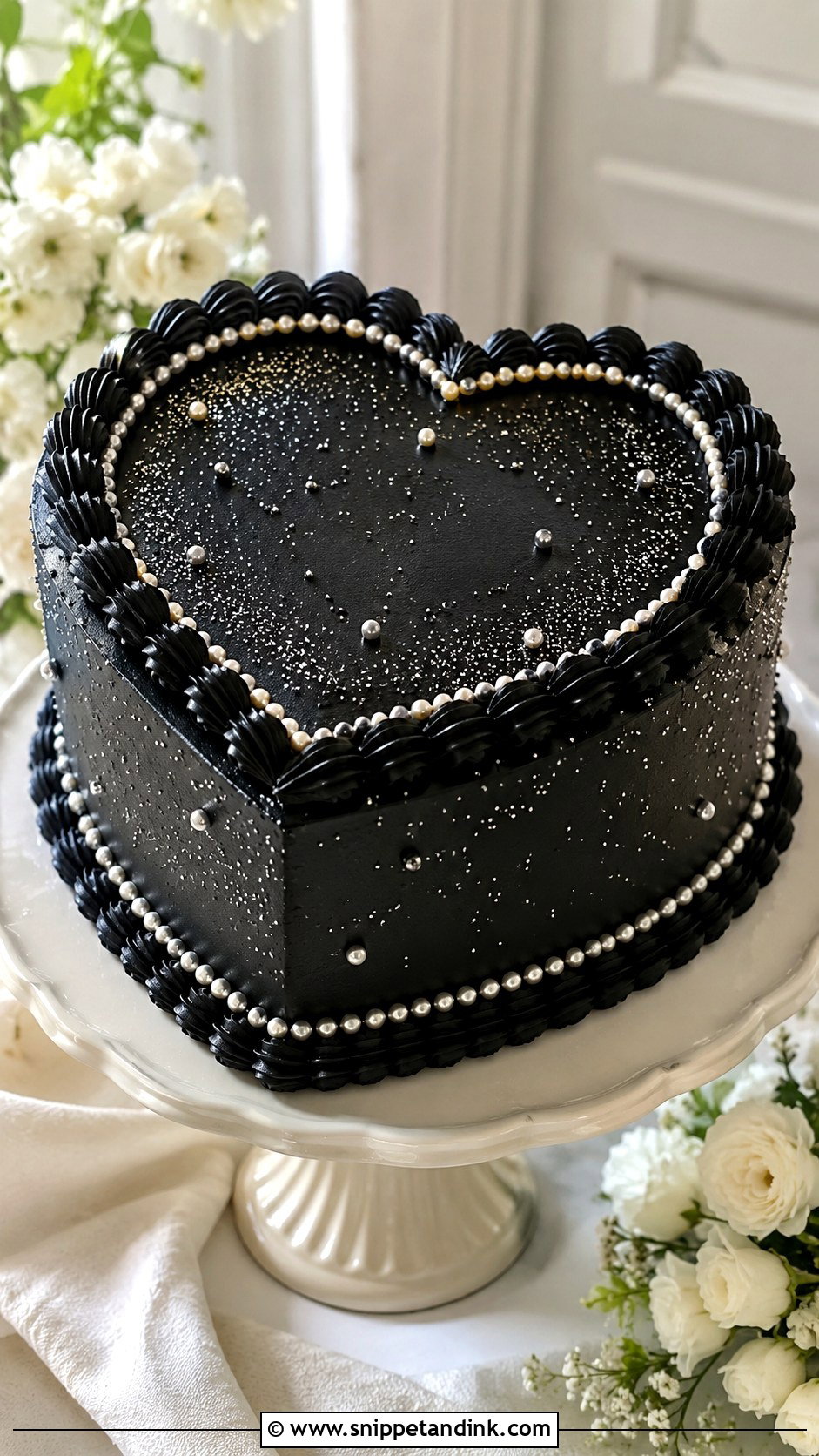 Black Pearl Heart Wedding Cake - Snippet and Ink - 20 Black Heart Cake Ideas with Glitter for Wedding