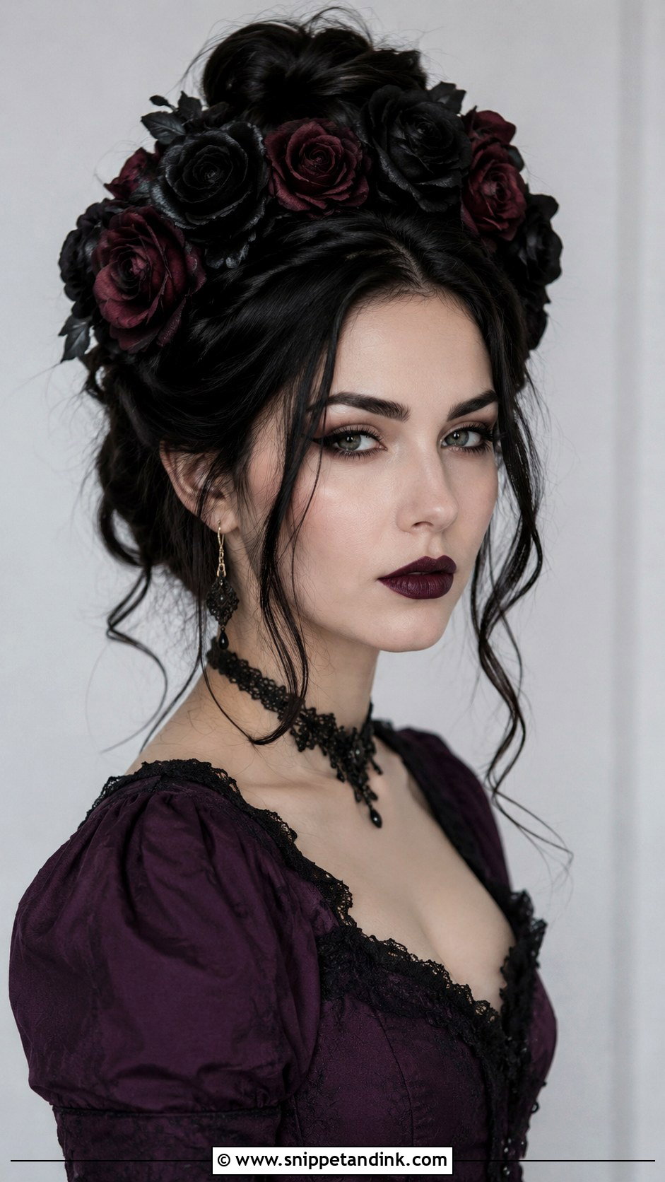 Black Rose Crown Updo - Snippet and Ink - 25 Goth Wedding Hair Ideas