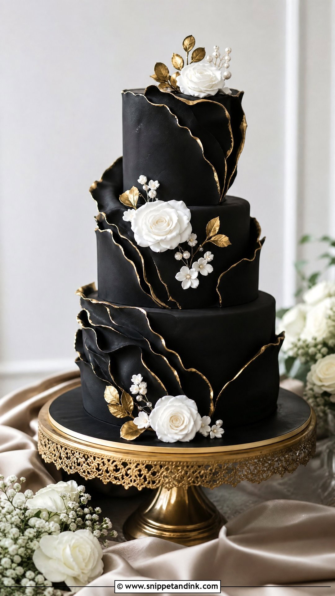 Black Ruffle Wedding Cake With Gold Accents - Snippet and Ink - 20 White Gold and Black Cake Ideas for Wedding