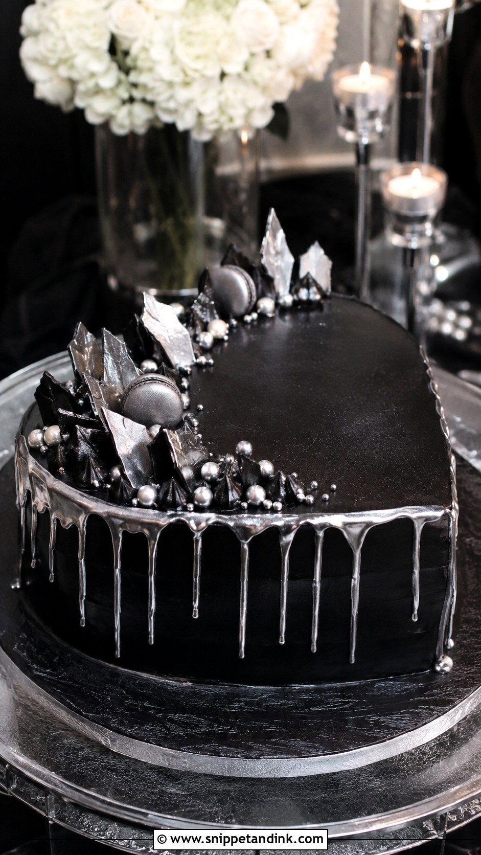 Black Silver Drip Heart Cake - Snippet and Ink - 20 Black and Silver Heart Cake Ideas for Wedding