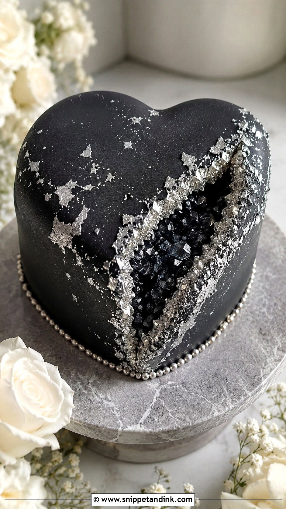 Black Silver Geode Heart Cake - Snippet and Ink - 20 Black and Silver Heart Cake Ideas for Wedding