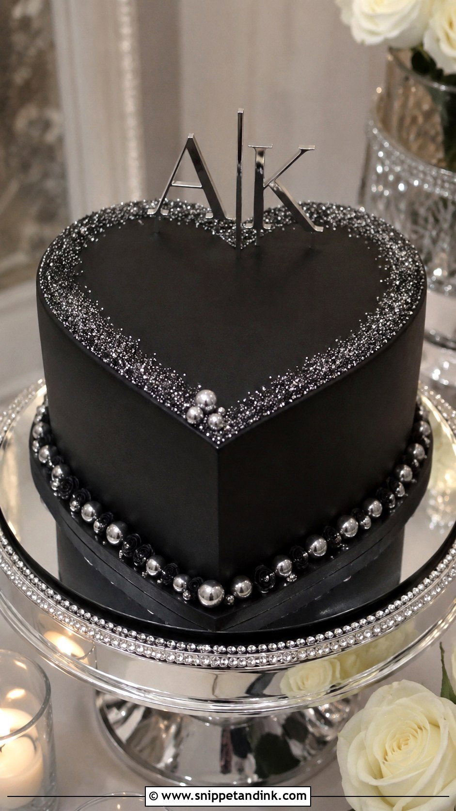 Black Silver Glitter Heart Cake - Snippet and Ink - 20 Black and Silver Heart Cake Ideas for Wedding
