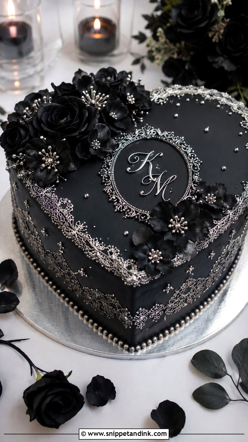 Black Silver Gothic Heart Cake - Snippet and Ink - 20 Black and Silver Heart Cake Ideas for Wedding