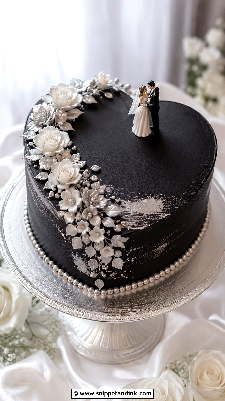 Black Silver Heart Cake With Flowers - Snippet and Ink - 20 Black and Silver Heart Cake Ideas for Wedding