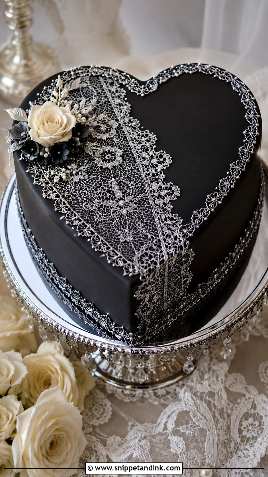 Black Silver Lace Heart Cake - Snippet and Ink - 20 Black and Silver Heart Cake Ideas for Wedding