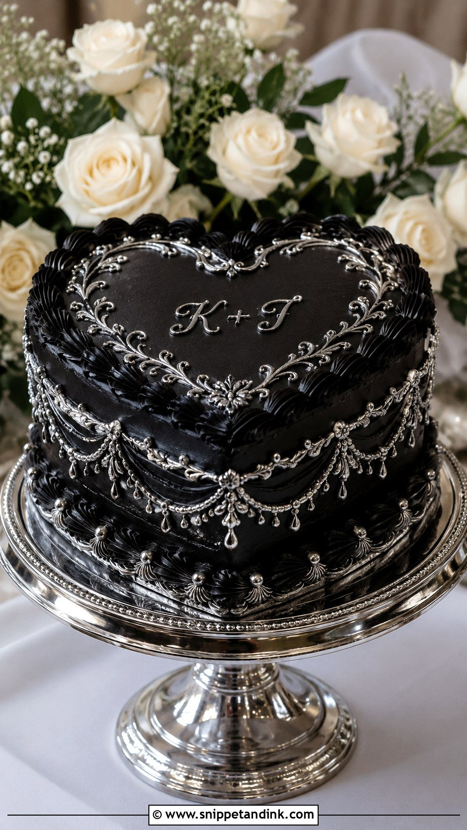 Black Silver Lambeth Heart Cake - Snippet and Ink - 20 Black and Silver Heart Cake Ideas for Wedding