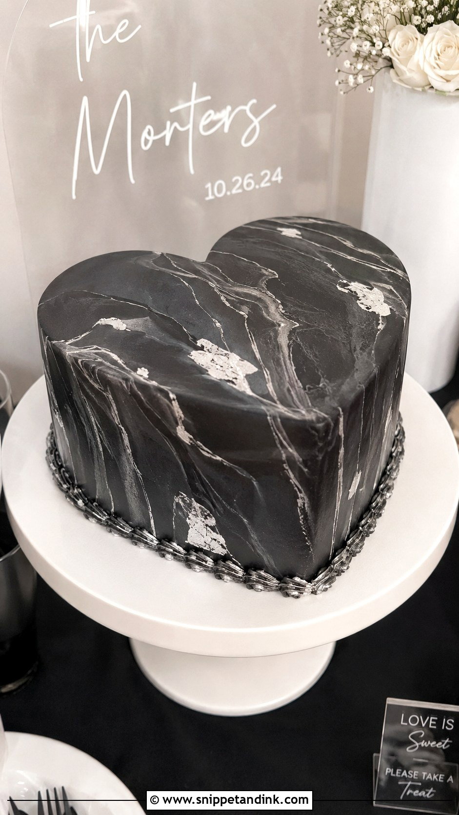 Black Silver Marble Heart Cake - Snippet and Ink - 20 Black and Silver Heart Cake Ideas for Wedding
