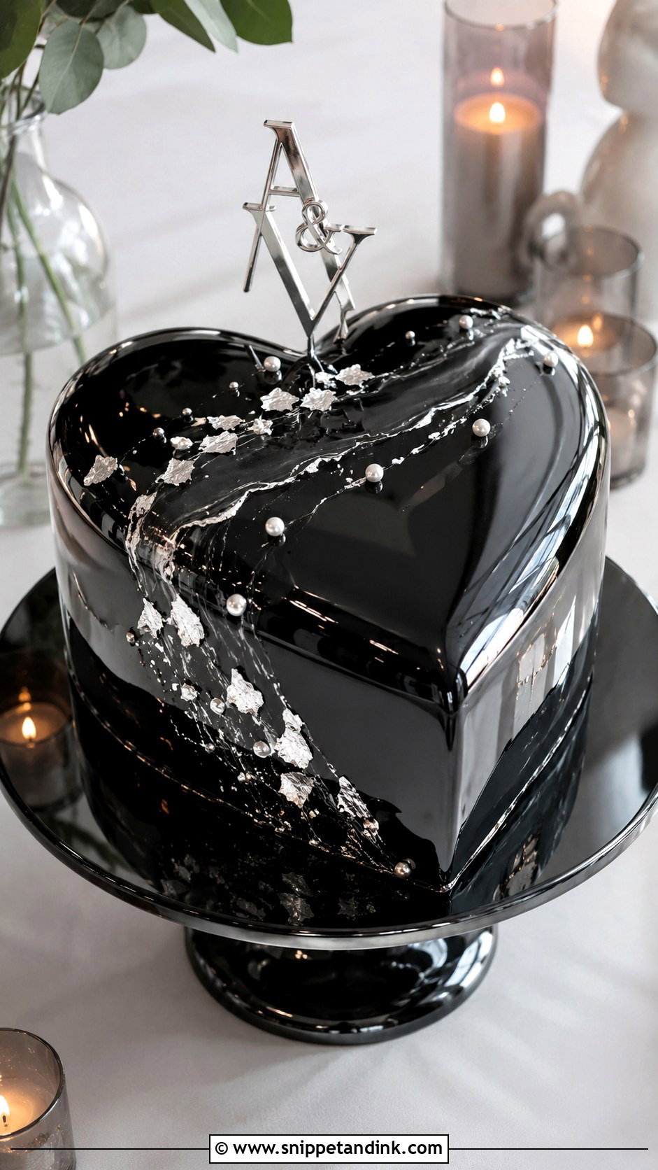 Black Silver Mirror Glaze Heart Cake - Snippet and Ink - 20 Black and Silver Heart Cake Ideas for Wedding