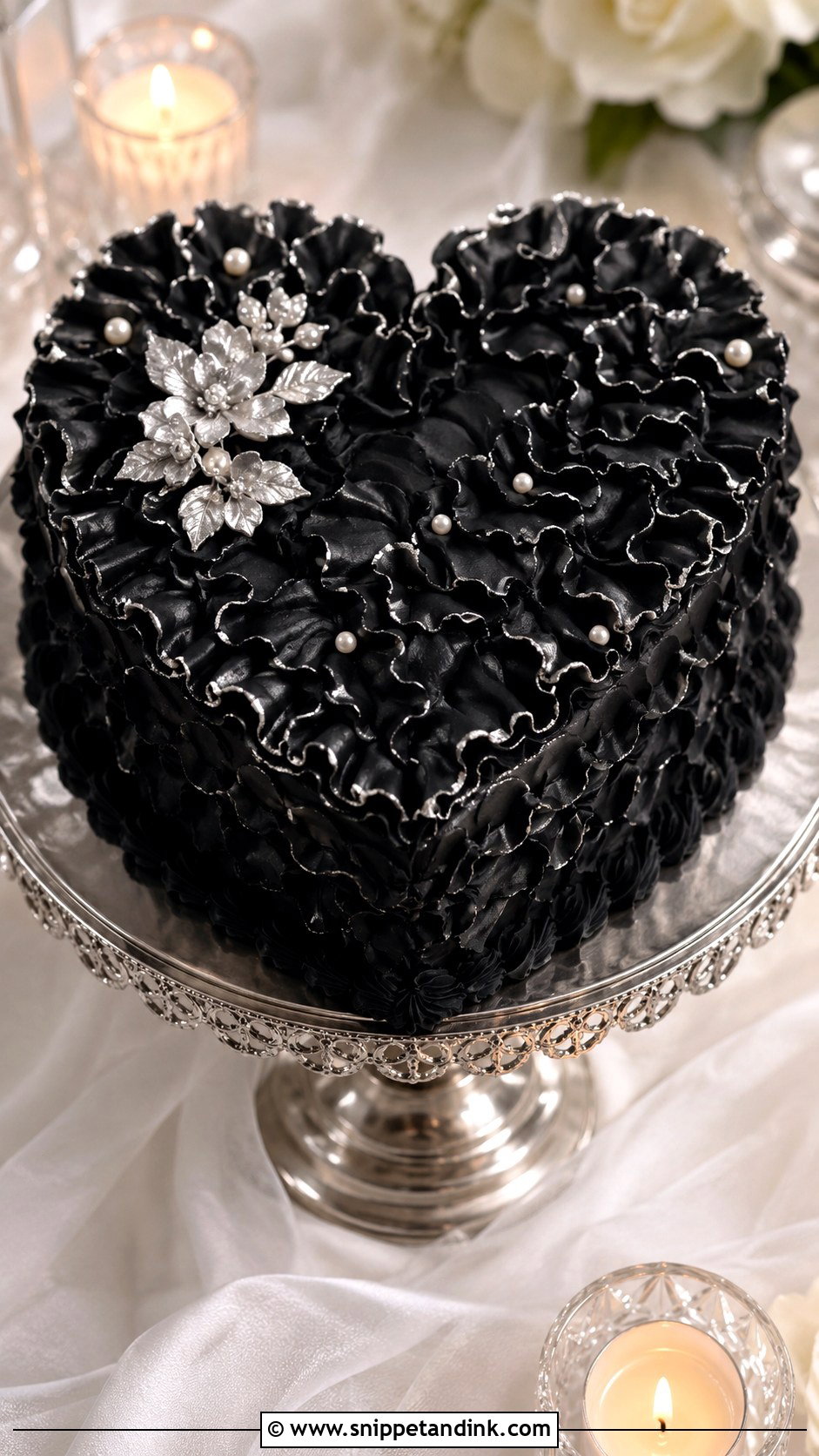 Black Silver Ruffle Heart Cake - Snippet and Ink - 20 Black and Silver Heart Cake Ideas for Wedding