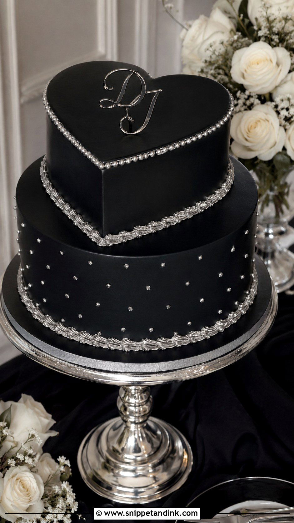 Black Silver Two Tier Heart Cake - Snippet and Ink - 20 Black and Silver Heart Cake Ideas for Wedding