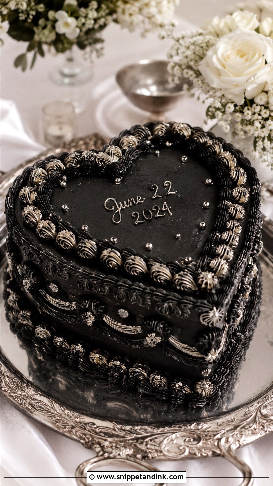 Black Silver Vintage Heart Cake - Snippet and Ink - 20 Black and Silver Heart Cake Ideas for Wedding