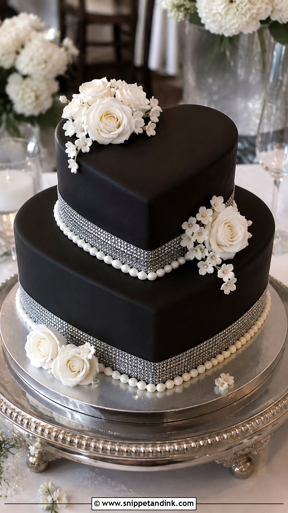 Black Tiered Heart Wedding Cake - Snippet and Ink - 20 Black Heart Cake Ideas with Glitter for Wedding