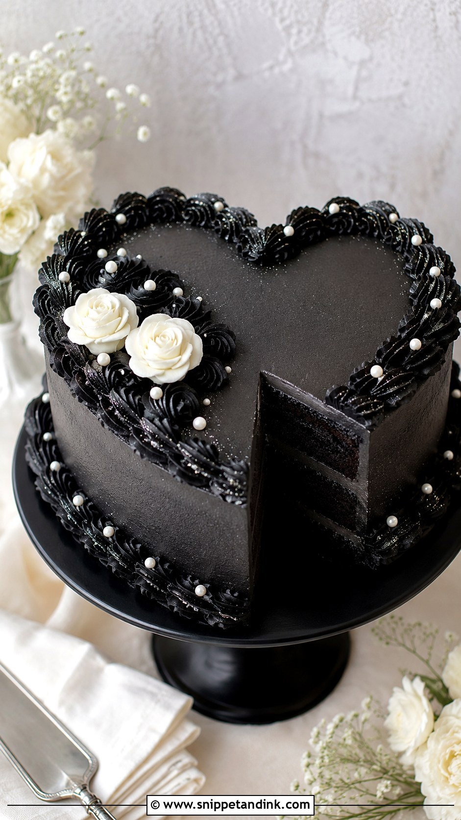 Black Velvet Heart Wedding Cake - Snippet and Ink - 20 Black Heart Cake Ideas with Glitter for Wedding