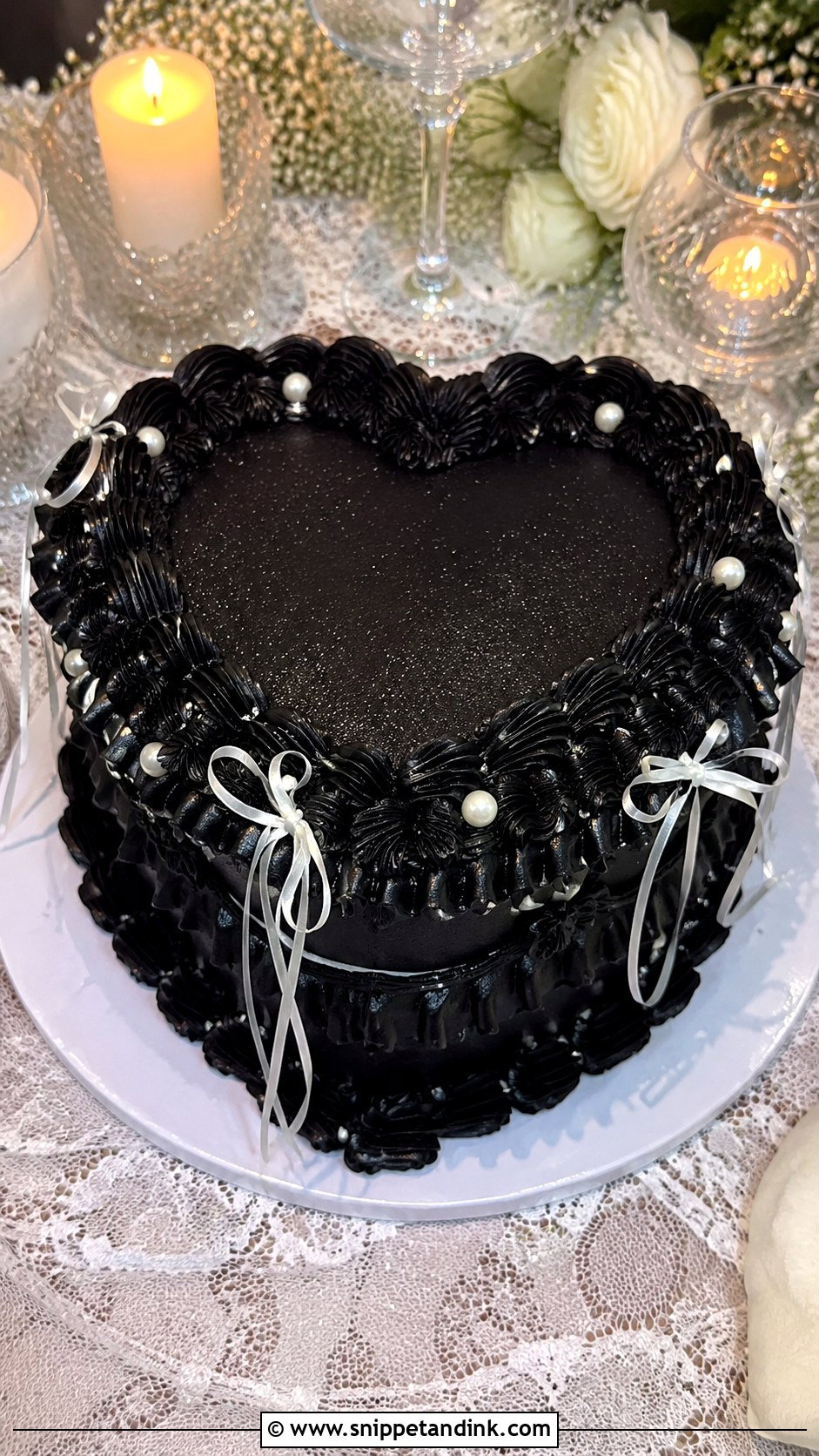 Black Vintage Heart Wedding Cake - Snippet and Ink - 20 Black Heart Cake Ideas with Glitter for Wedding