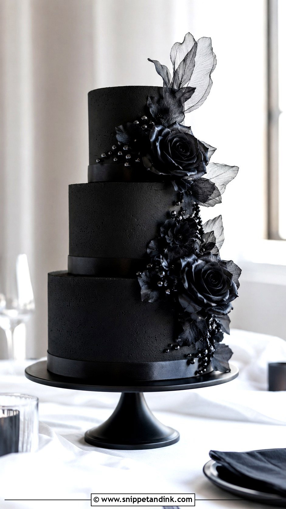 Black Wedding Cake With Black Flowers - Snippet and Ink - 20 Black Flower Wedding Cake Ideas