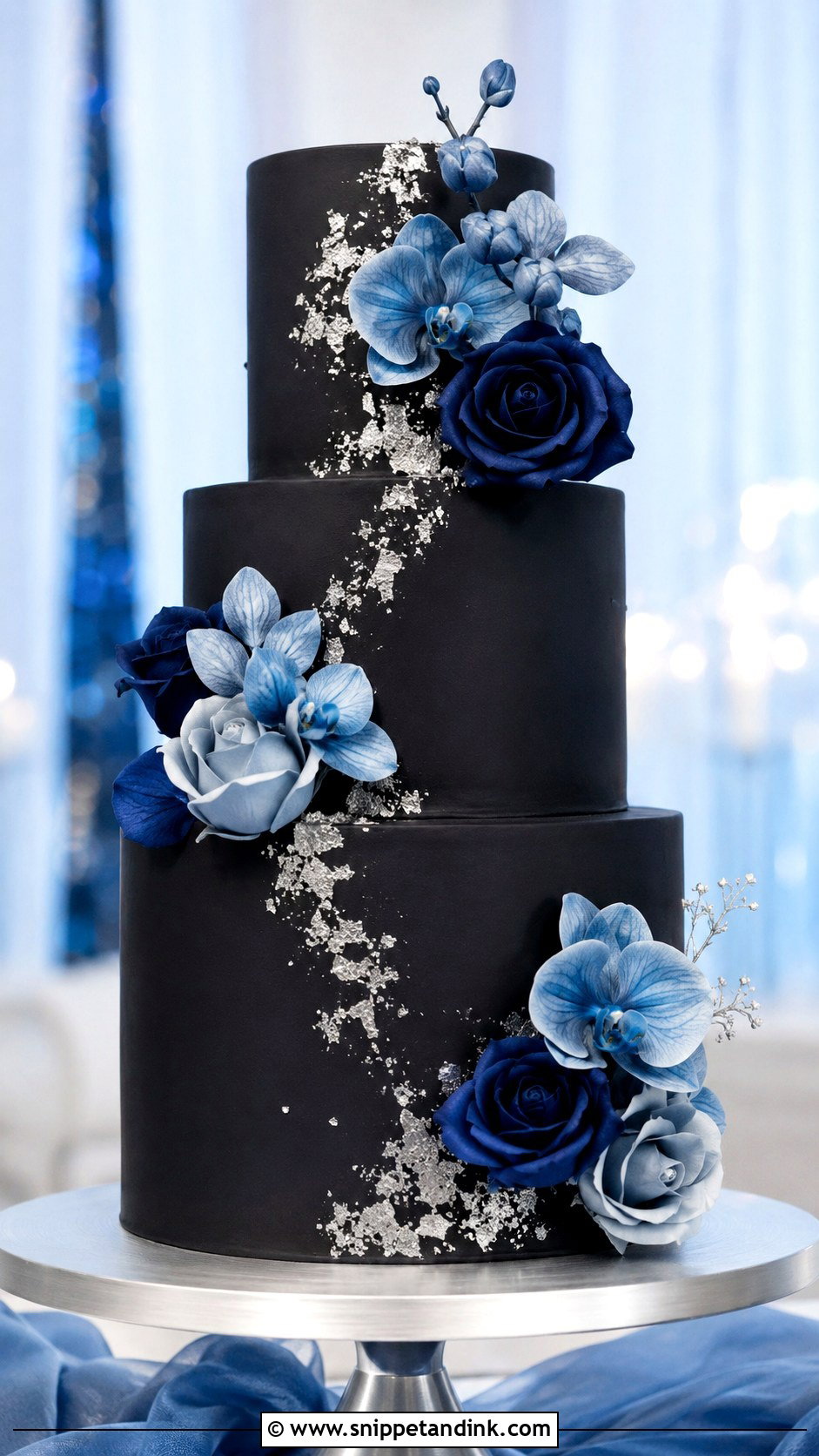 Black Wedding Cake With Blue Flowers - Snippet and Ink - 20 Black Flower Wedding Cake Ideas