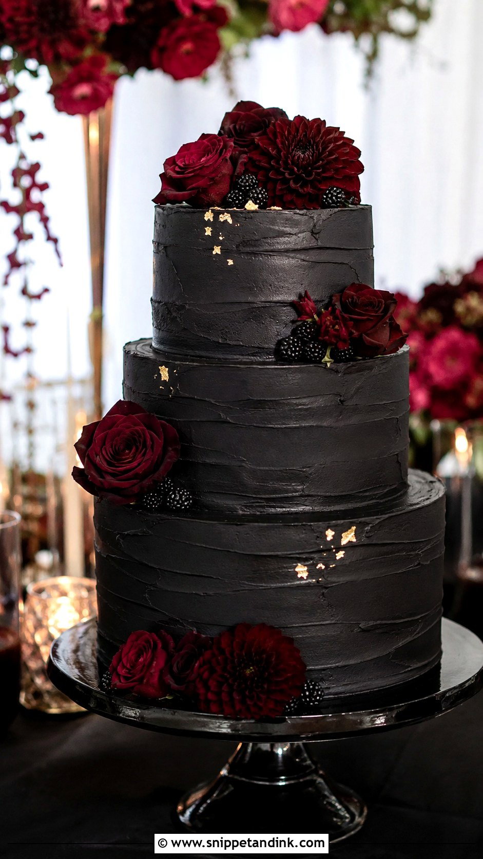 Black Wedding Cake With Burgundy Flowers - Snippet and Ink - 20 Black Flower Wedding Cake Ideas