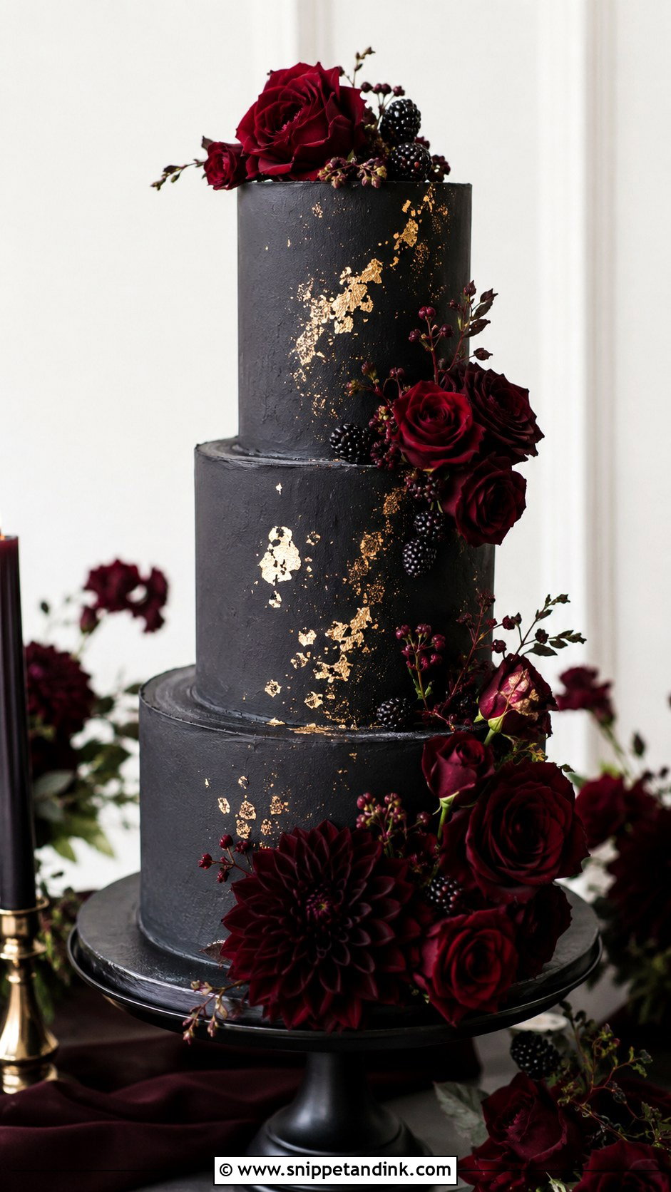 Black Wedding Cake With Burgundy Flowers - Snippet and Ink - 20 Black Colour Cake Design Ideas for Wedding