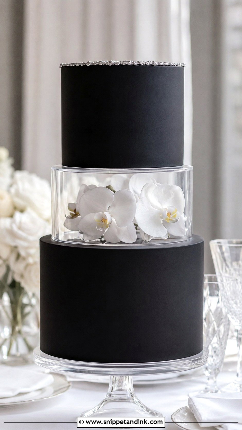 Black Wedding Cake With Clear Acrylic Tier - Snippet and Ink - 20 Black Minimalist Cake Ideas for Wedding