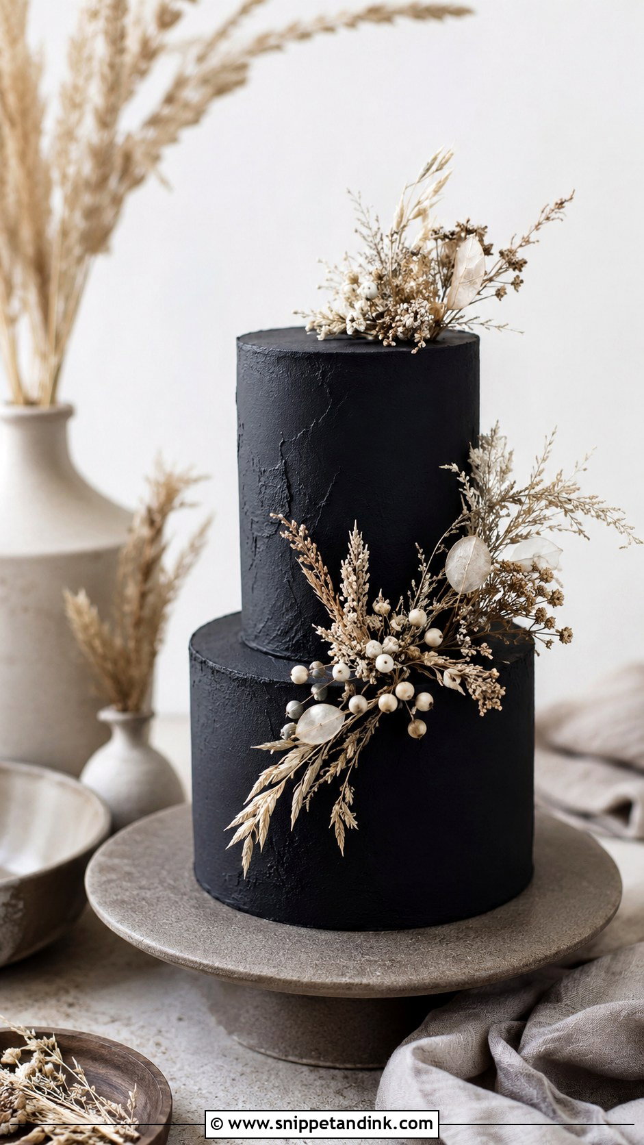 Black Wedding Cake With Dried Flowers - Snippet and Ink - 20 Black Minimalist Cake Ideas for Wedding
