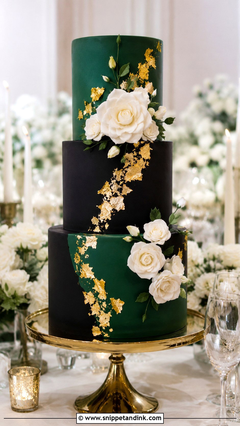 Black Wedding Cake With Emerald Green Flowers - Snippet and Ink - 25 Emerald Green and Black Wedding Cake Ideas