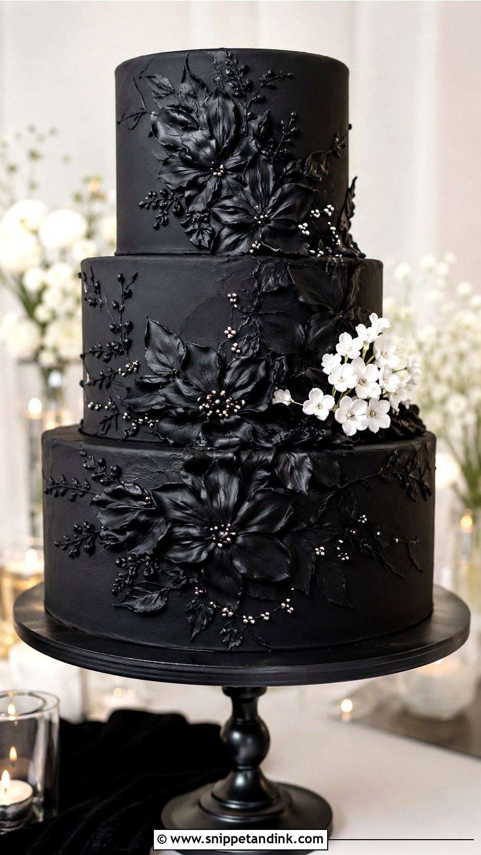 Black Wedding Cake With Floral Texture - Snippet and Ink - 20 Black Flower Wedding Cake Ideas