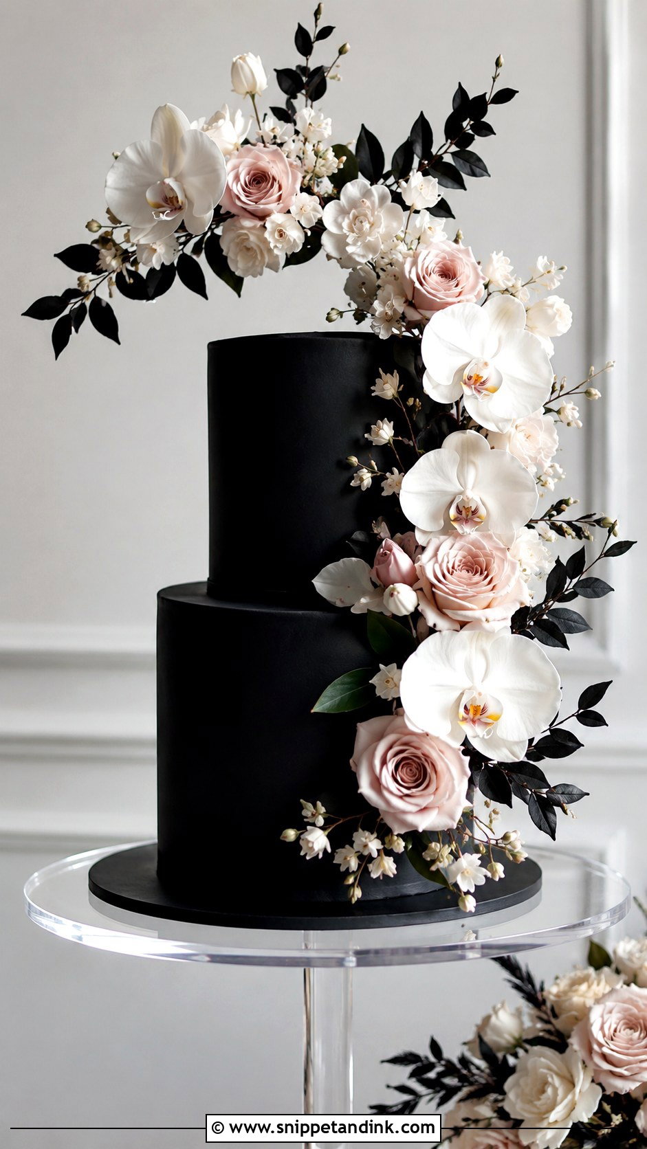Black Wedding Cake With Flower Arch - Snippet and Ink - 20 Black Flower Wedding Cake Ideas