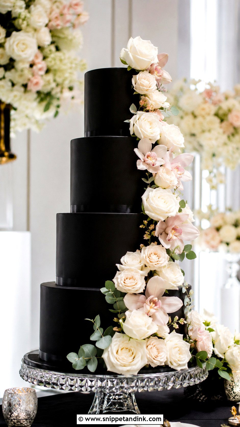 Black Wedding Cake With Flower Cascade - Snippet and Ink - 20 Black Flower Wedding Cake Ideas