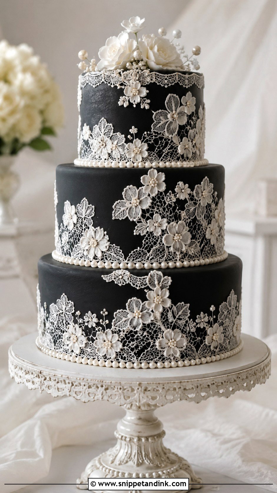 Black Wedding Cake With Flower Lace - Snippet and Ink - 20 Black Flower Wedding Cake Ideas
