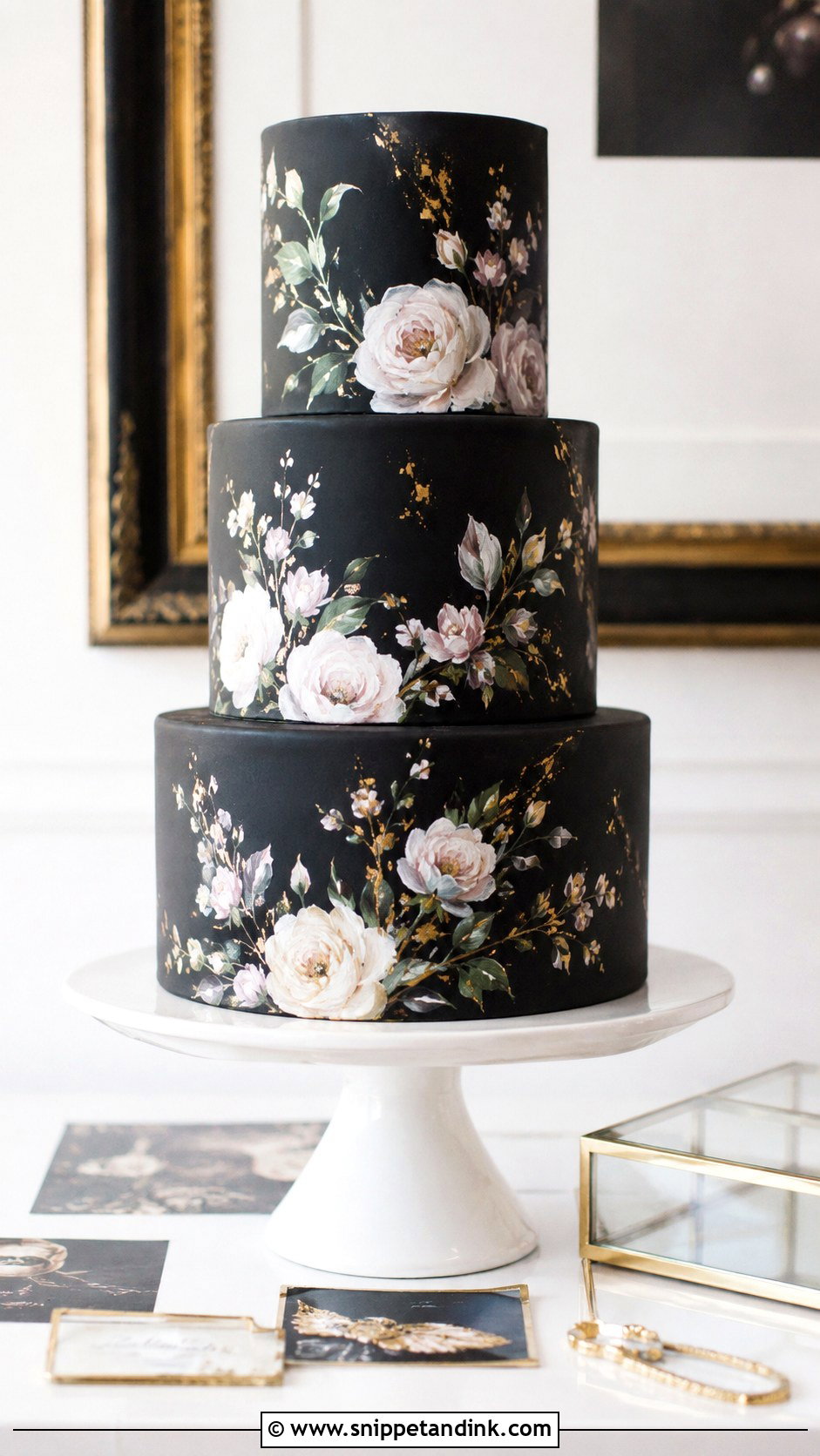 Black Wedding Cake With Flower Painting - Snippet and Ink - 20 Black Flower Wedding Cake Ideas