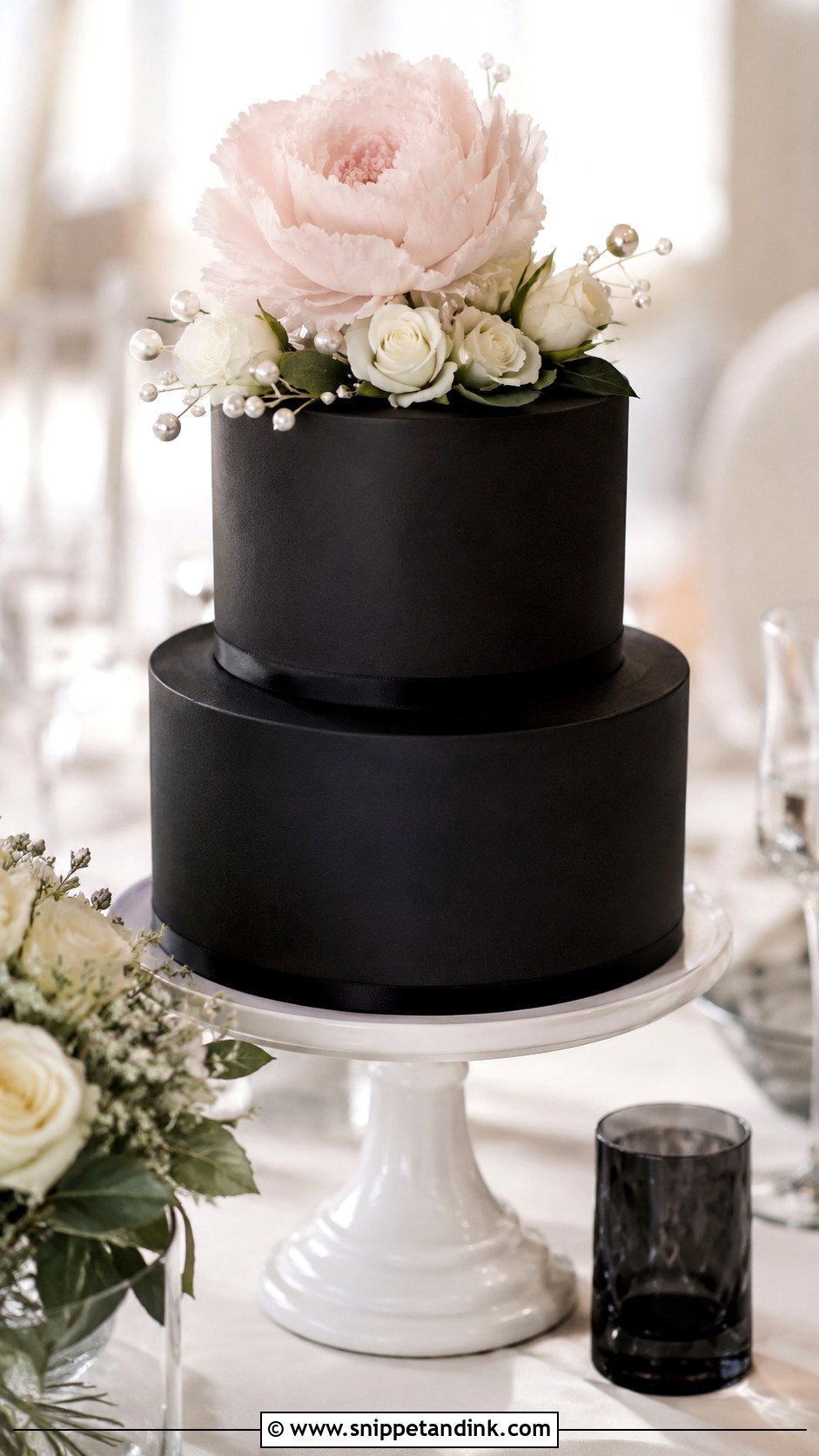 Black Wedding Cake With Flower Topper - Snippet and Ink - 20 Black Flower Wedding Cake Ideas