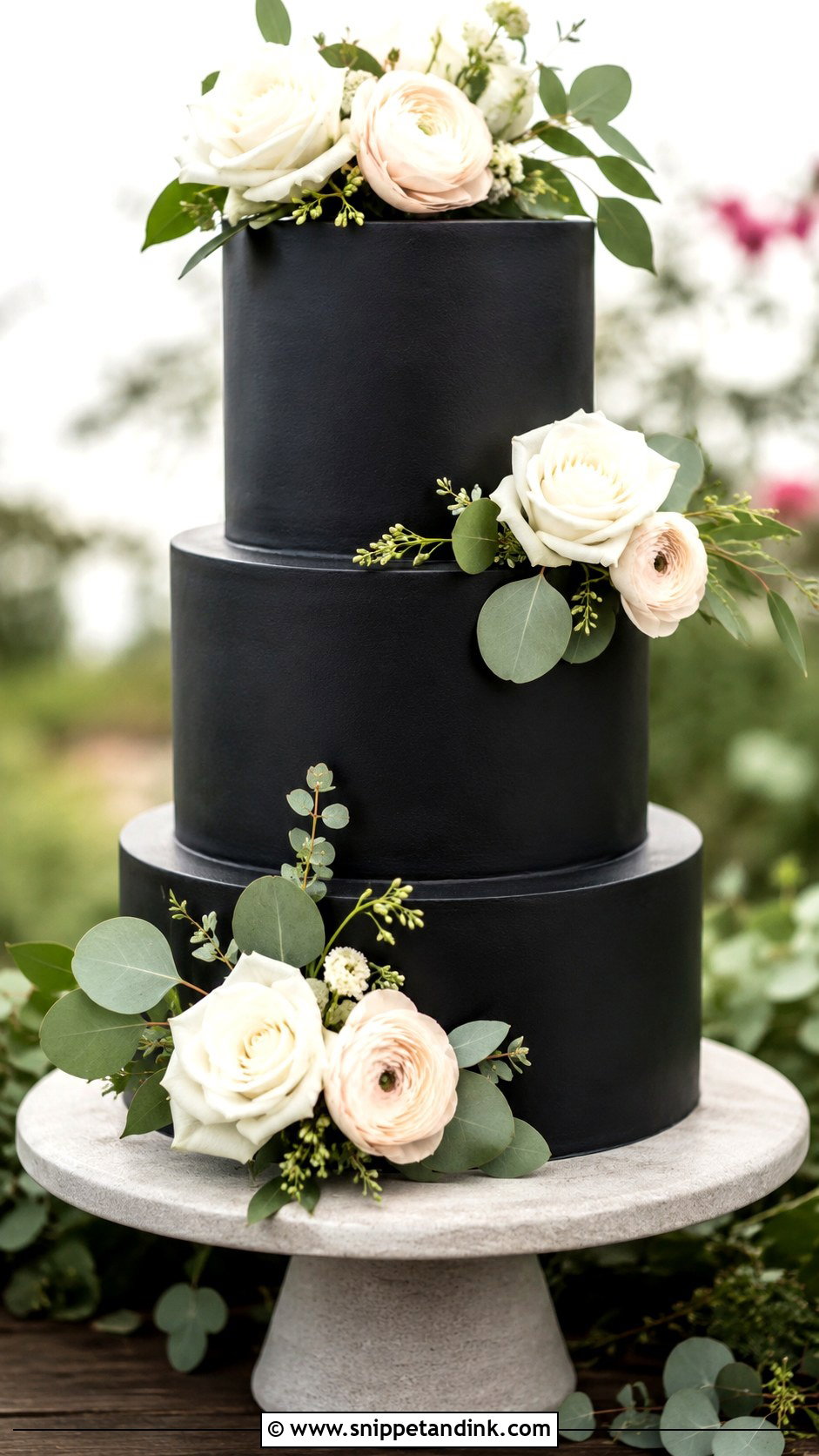 Black Wedding Cake With Fresh Flowers - Snippet and Ink - 20 Black Flower Wedding Cake Ideas