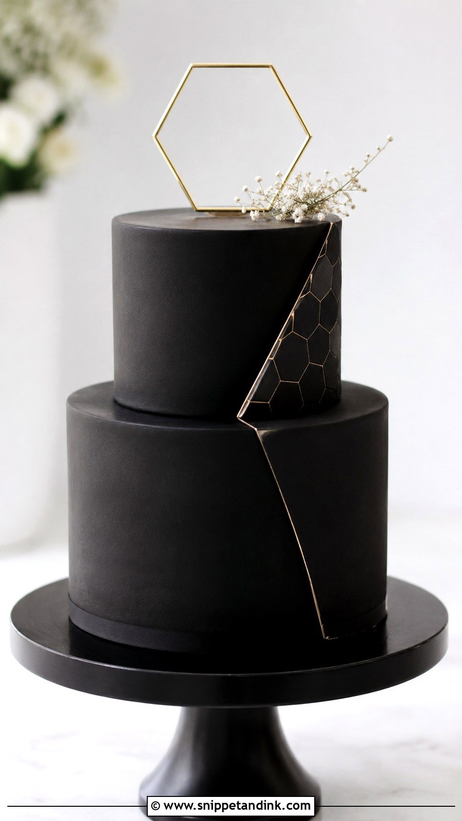 Black Wedding Cake With Geometric Detail - Snippet and Ink - 20 Black Minimalist Cake Ideas for Wedding