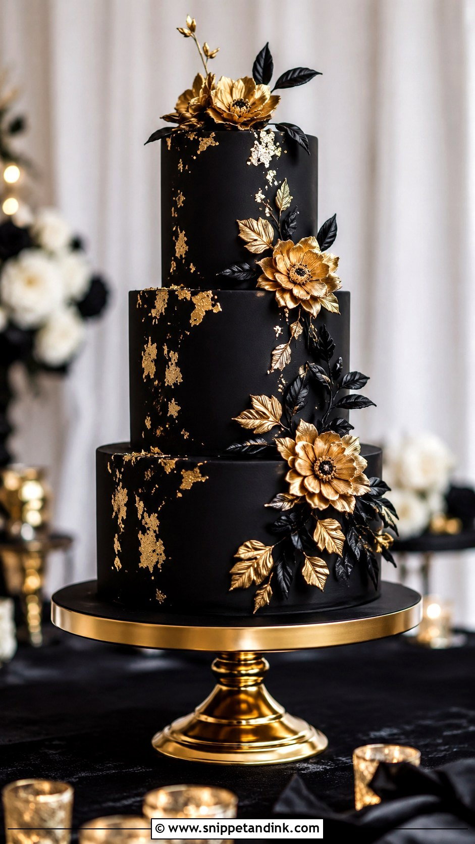 Black Wedding Cake With Gold Flowers - Snippet and Ink - 20 Black Flower Wedding Cake Ideas