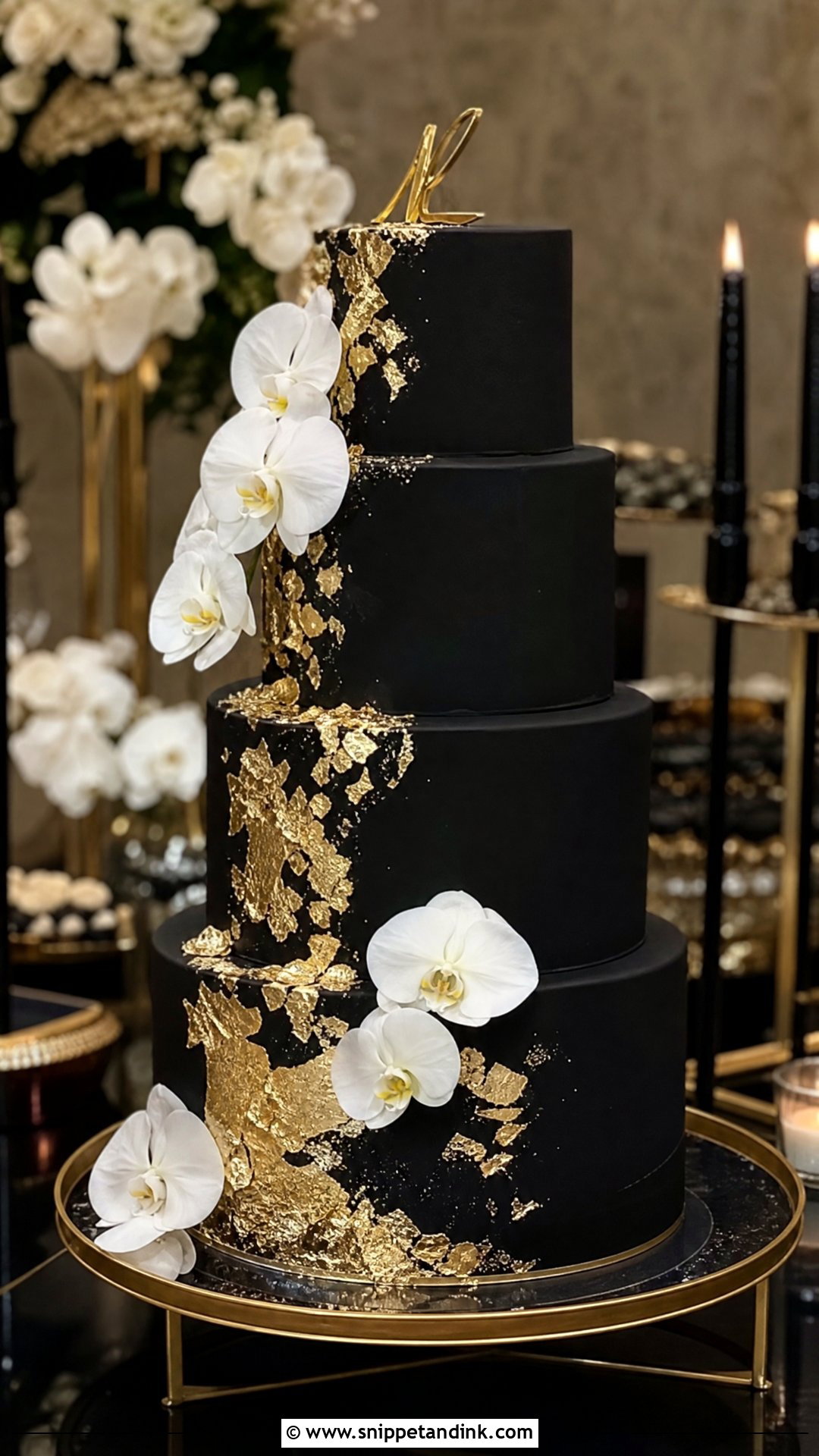 Black Wedding Cake With Gold Leaf - Snippet and Ink - 20 White Gold and Black Cake Ideas for Wedding