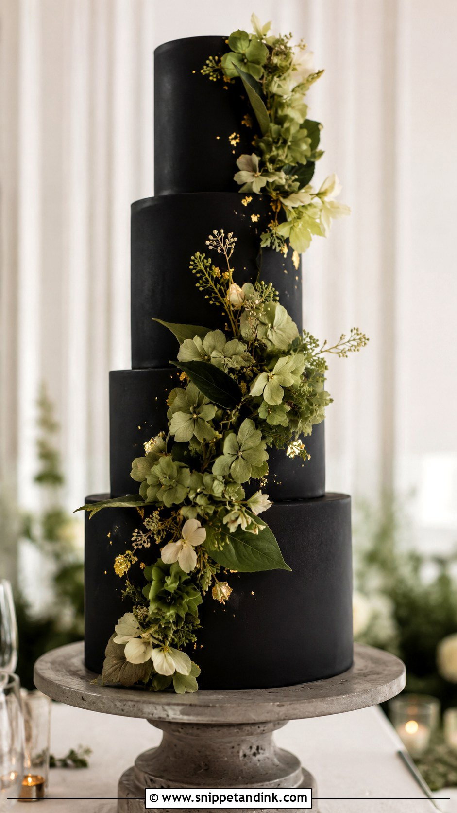 Black Wedding Cake With Green Flowers - Snippet and Ink - 25 Black and Green Wedding Cake Ideas
