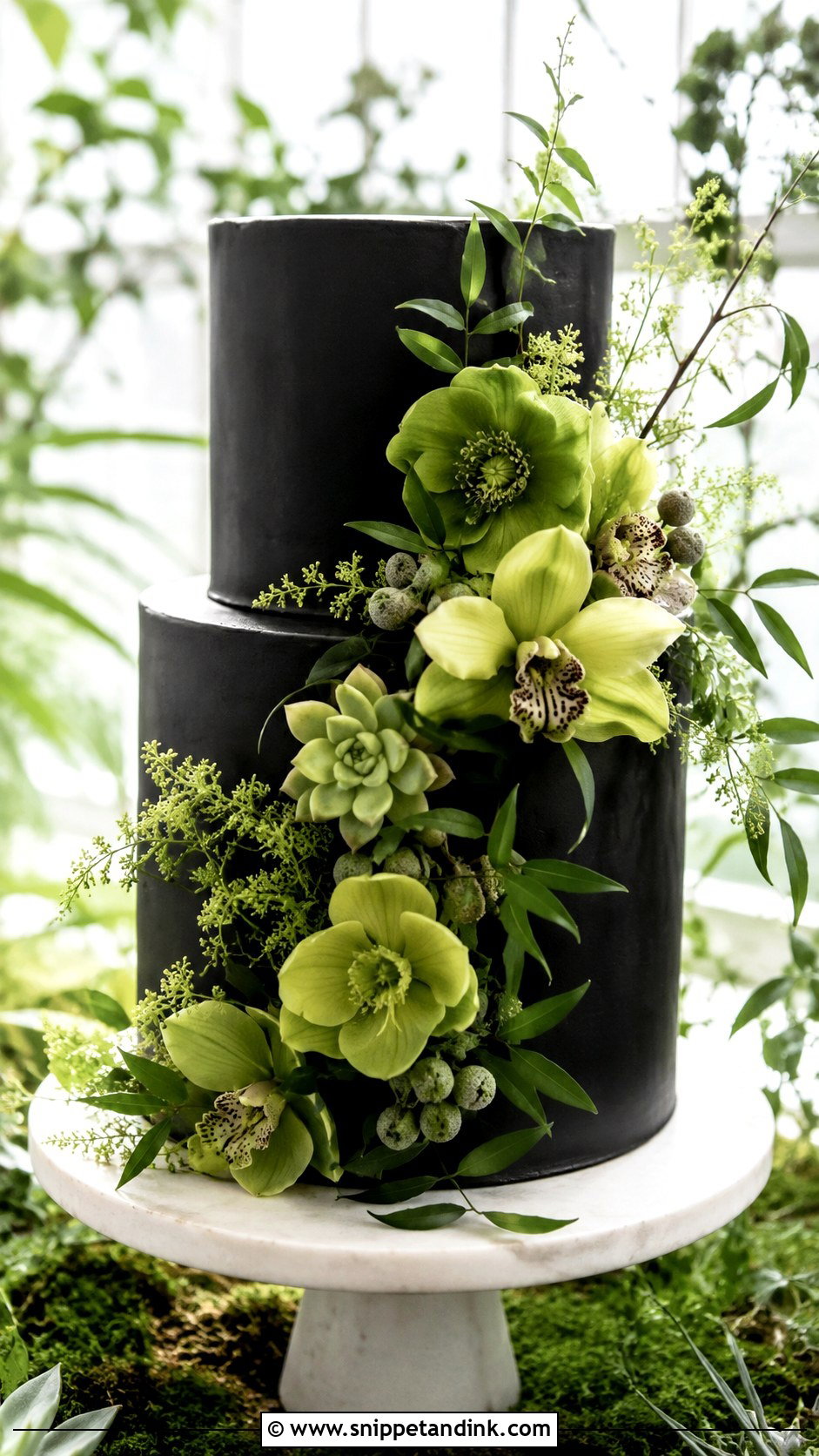 Black Wedding Cake With Green Flowers - Snippet and Ink - 20 Black Flower Wedding Cake Ideas
