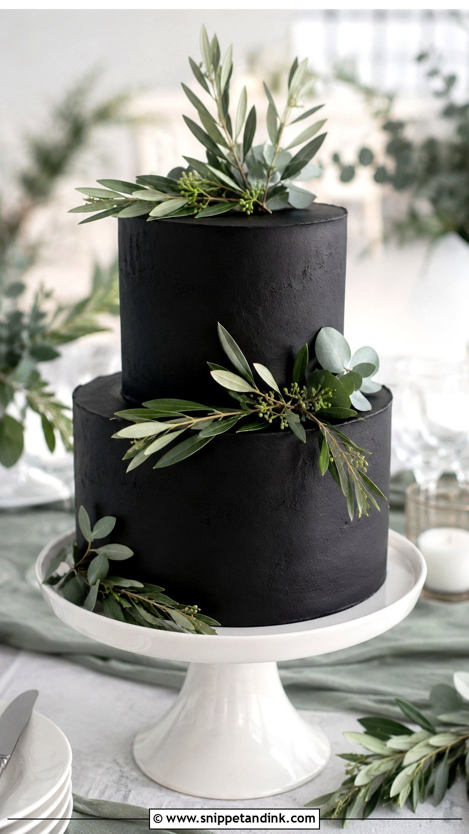 Black Wedding Cake With Greenery - Snippet and Ink - 20 Black Minimalist Cake Ideas for Wedding